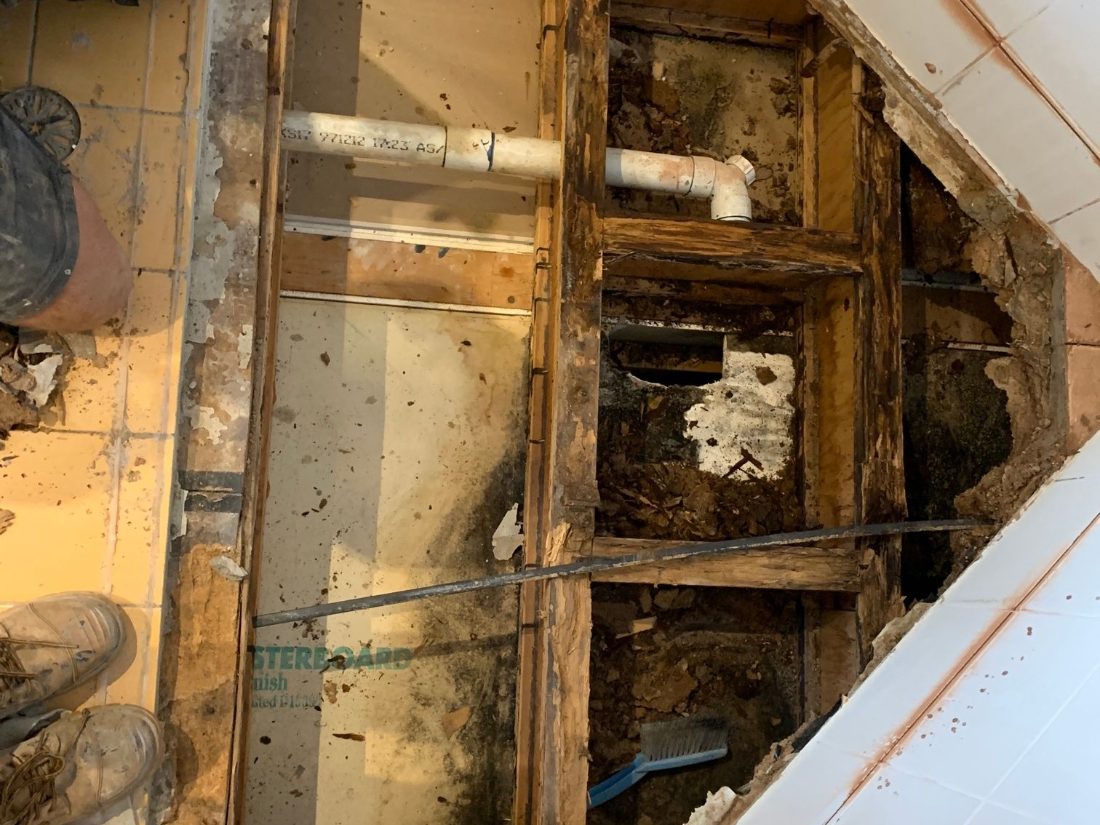 The bathroom floor opened up under the shower, with the sheeting gone and the beams rotted