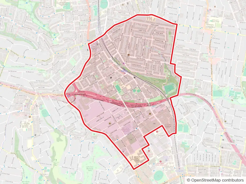 Map of Artarmon with the suburb boundary outlined