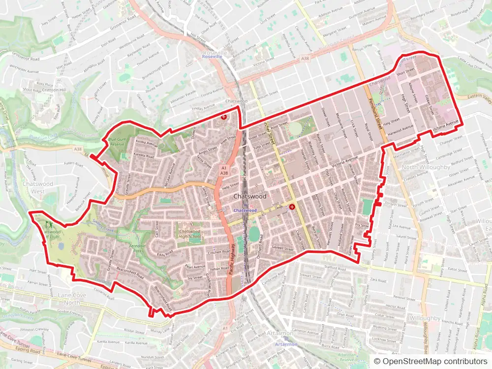 Map of Chatswood with the suburb boundary outlined