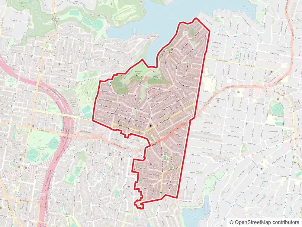 Map of Cremorne with the suburb boundary outlined