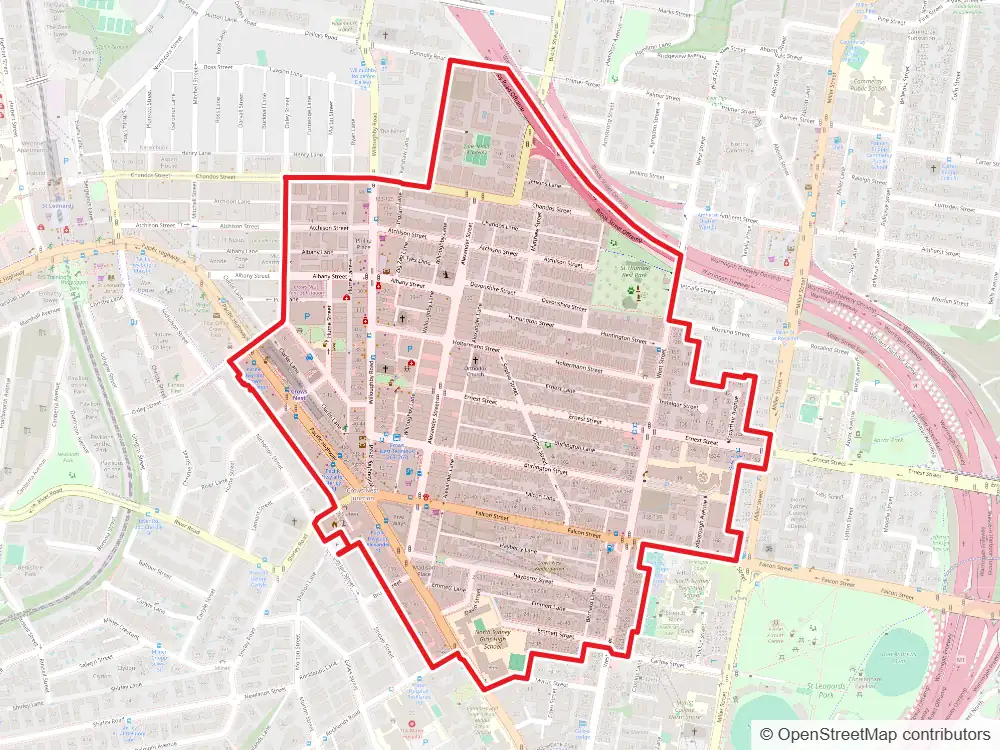 Map of Crows Nest with the suburb boundary outlined
