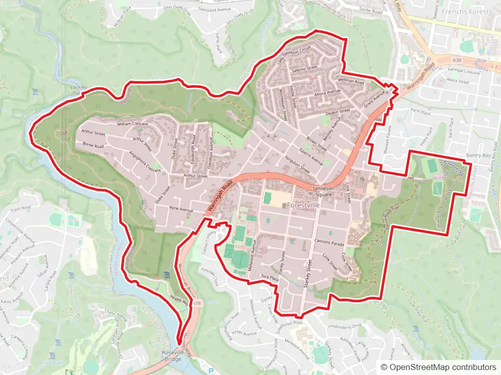 Map of Forestville with the suburb boundary outlined