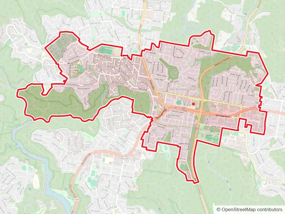 Map of Frenchs Forest with the suburb boundary outlined