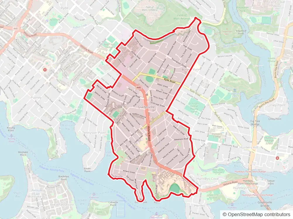 Map of Gladesville with the suburb boundary outlined