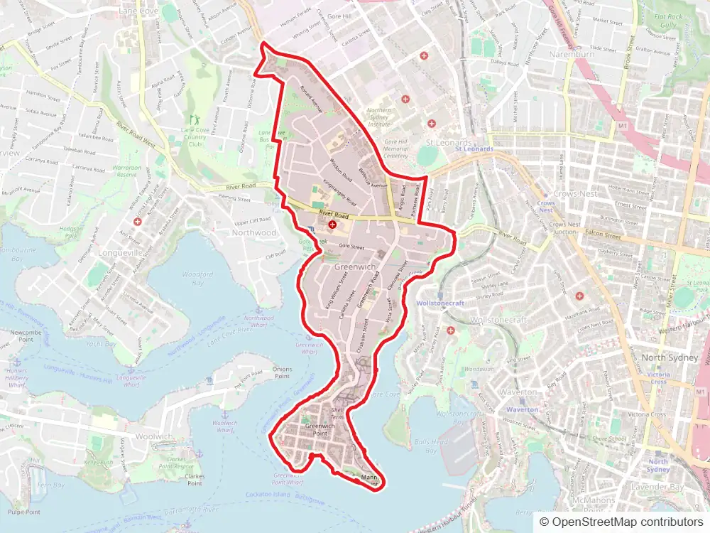 Map of Greenwich with the suburb boundary outlined