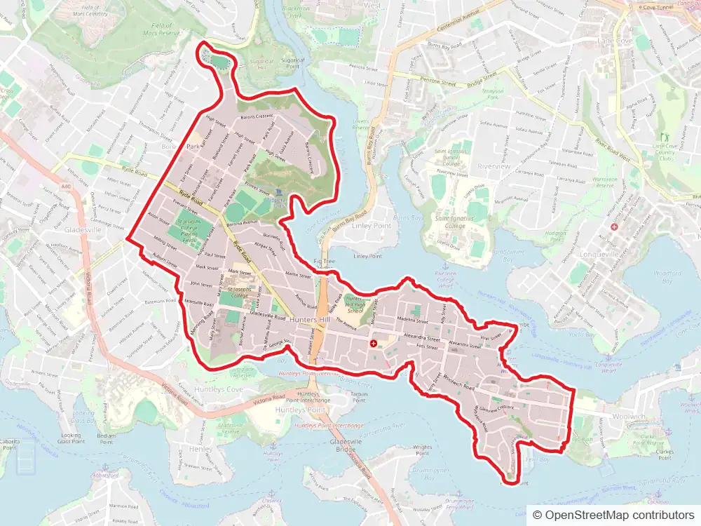 Map of Hunters Hill with the suburb boundary outlined