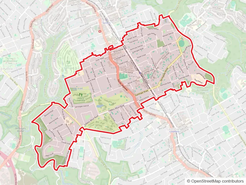 Map of Killara with the suburb boundary outlined