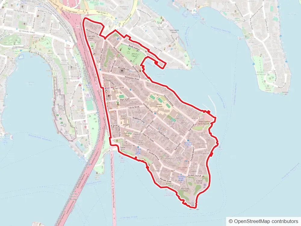 Map of Kirribilli with the suburb boundary outlined
