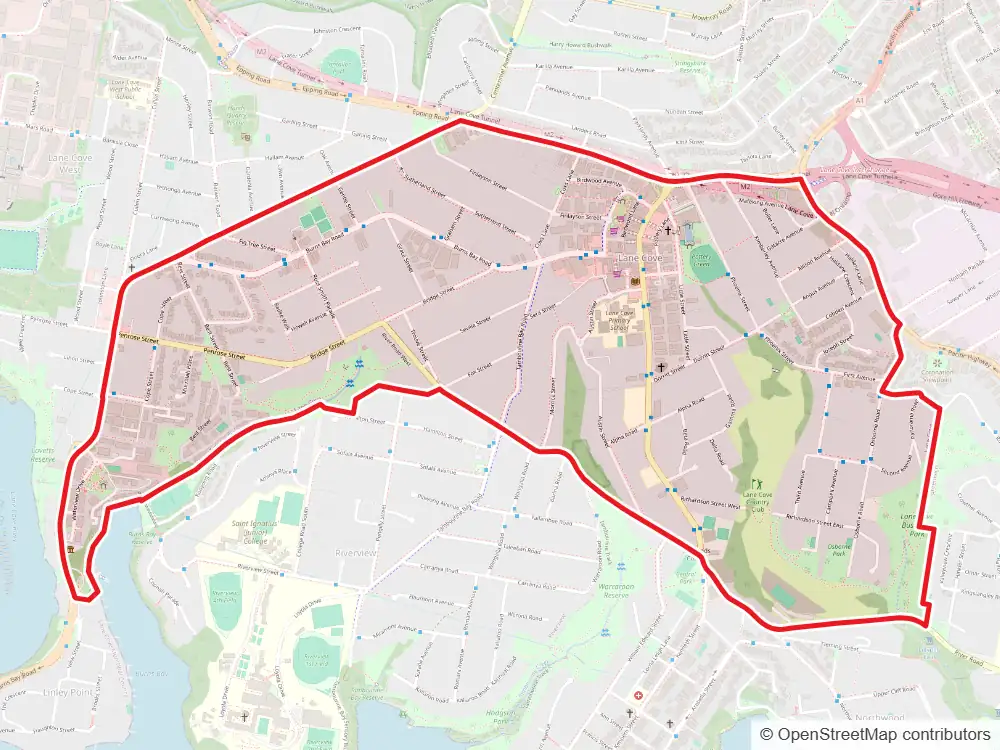 Map of Lane Cove with the suburb boundary outlined