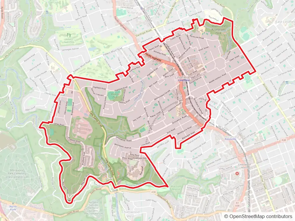 Map of Lindfield with the suburb boundary outlined