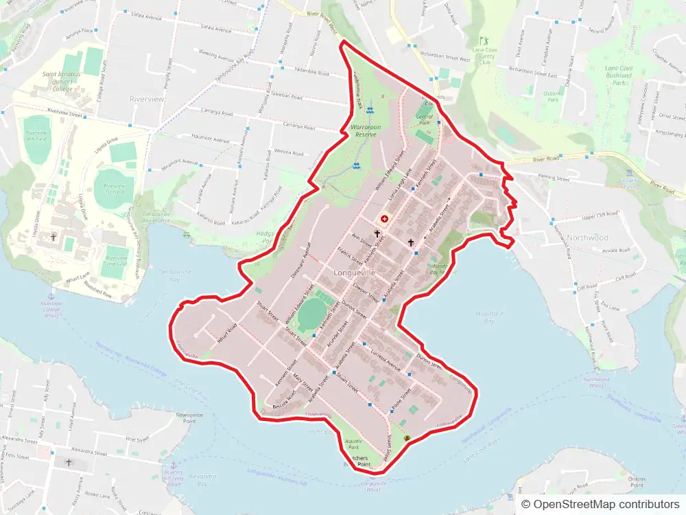 Map of Longueville with the suburb boundary outlined