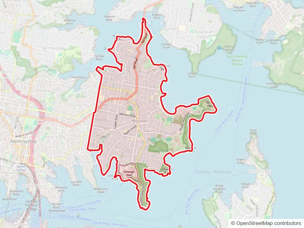Map of Mosman with the suburb boundary outlined
