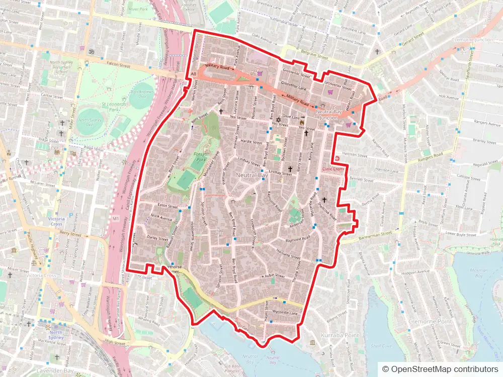 Map of Neutral Bay with the suburb boundary outlined