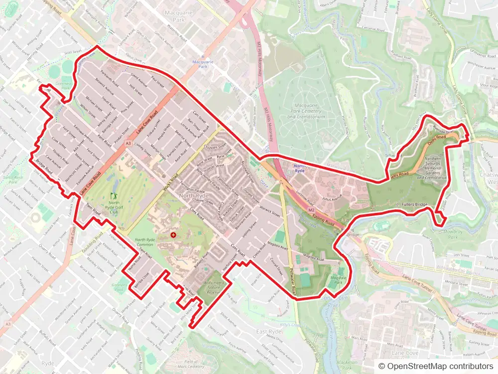 Map of North Ryde with the suburb boundary outlined