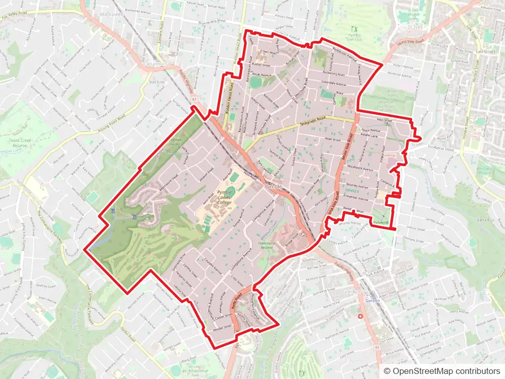 Map of Pymble with the suburb boundary outlined