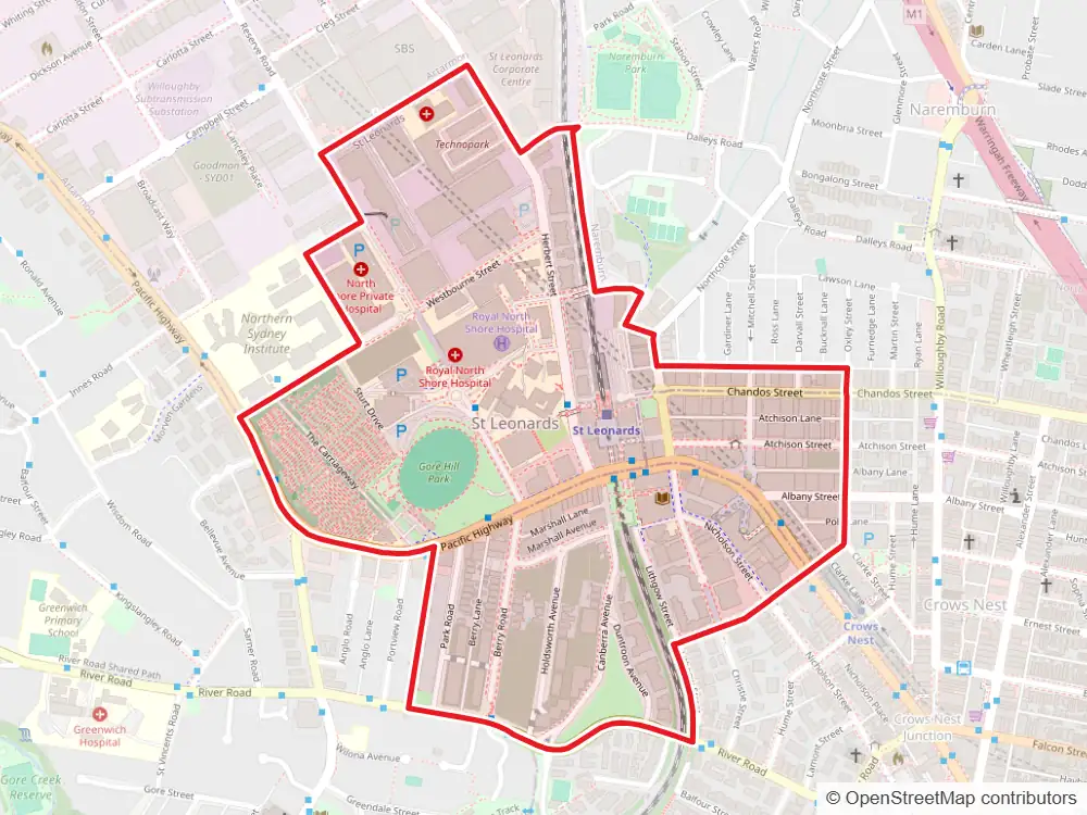 Map of St Leonards with the suburb boundary outlined