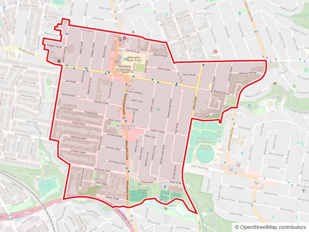 Map of Willoughby with the suburb boundary outlined