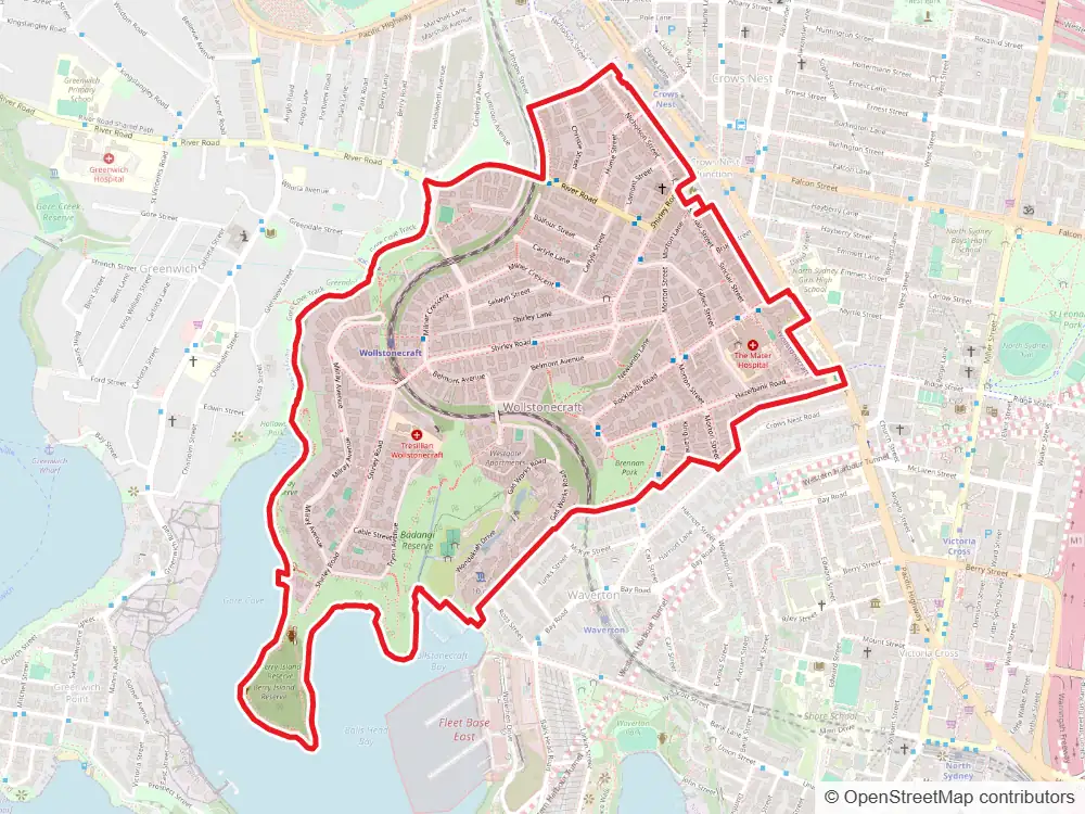 Map of Wollstonecraft with the suburb boundary outlined