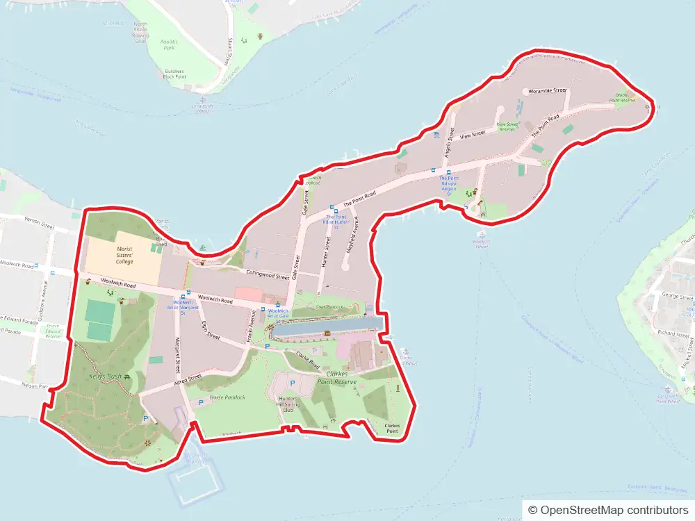 Map of Woolwich with the suburb boundary outlined